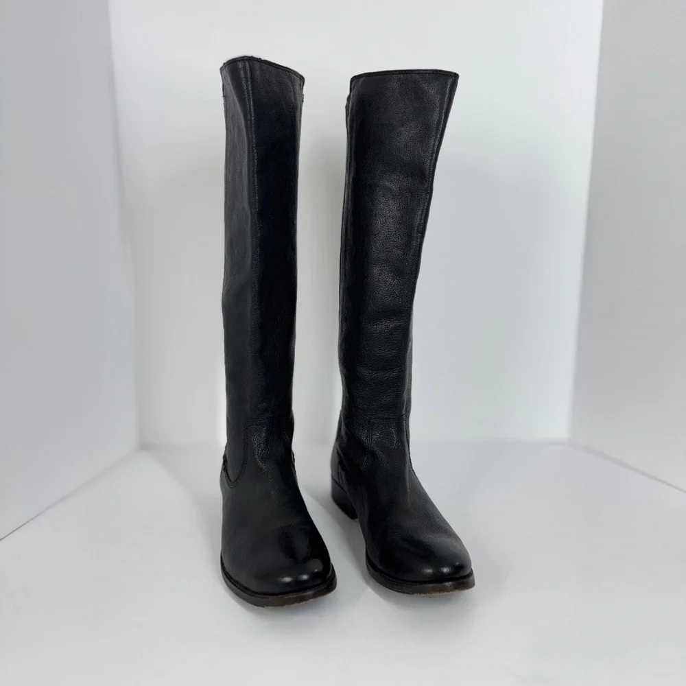 Frye Black Leather Tall Riding Boots Stretch Back Panel Size 6.5B Equestrian
